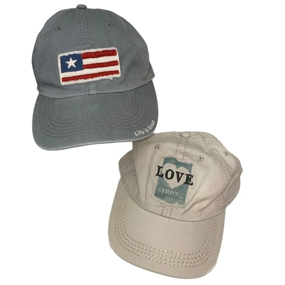 TWO Life is Good Hats Flag Love Strong Distressed Adjustable
